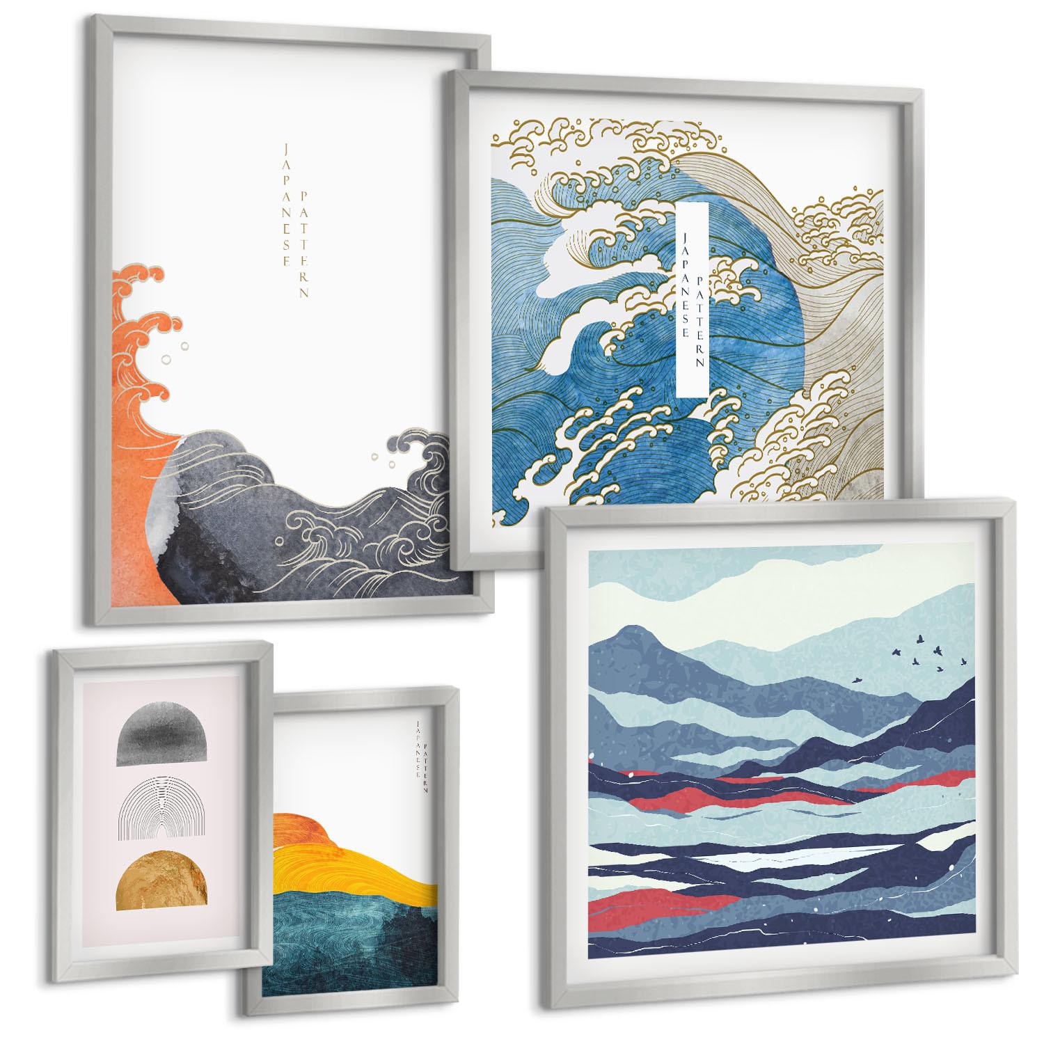BILDER SET 5er Set - 50x50 cm & 20x30 cm & 40x60 cm Silberner Rahmen - Stilvolle moderne Blumen - Silberfarben, Kunststoff (40/60cm) - TULUP