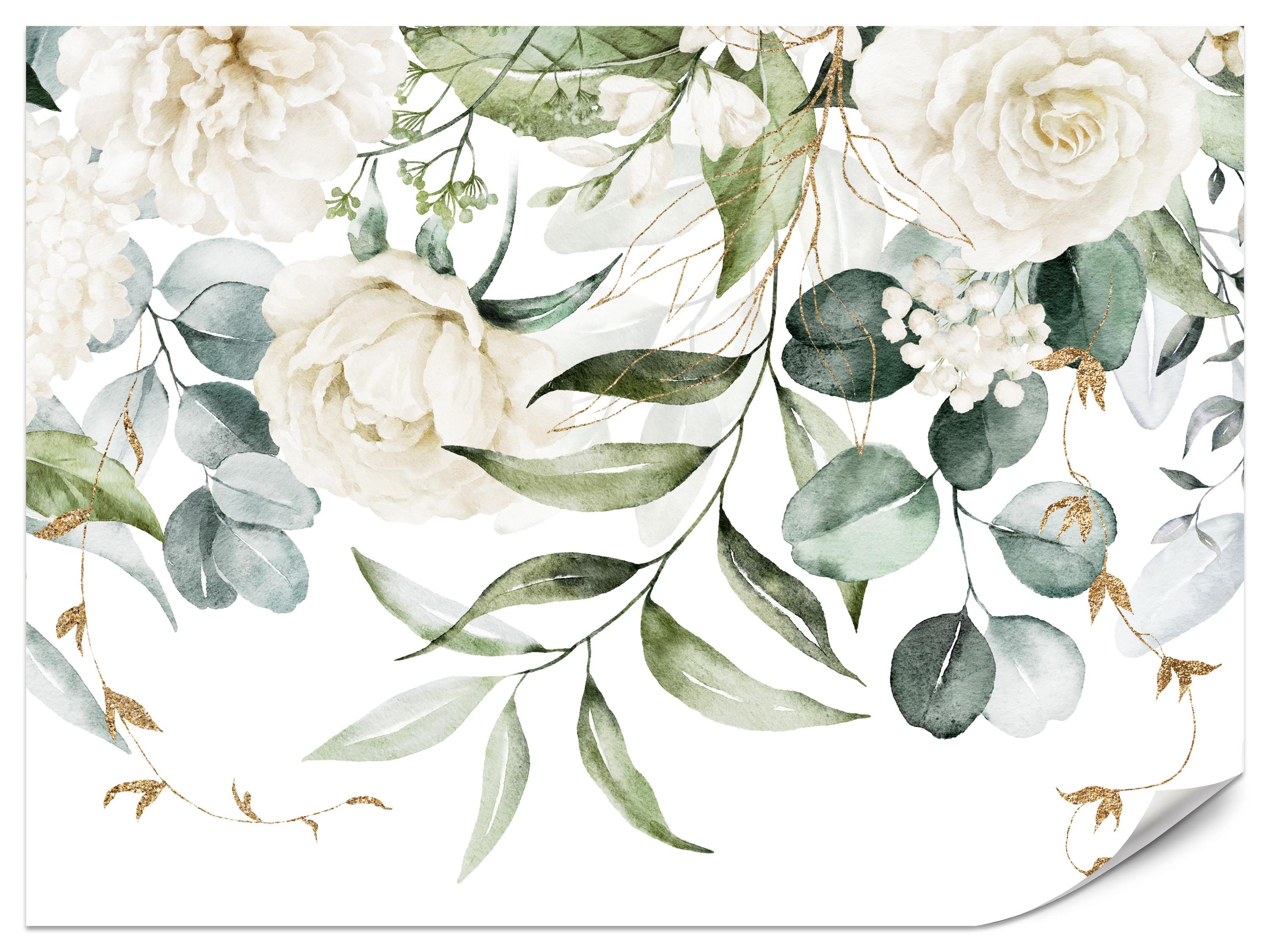 FOTOTAPETE für Schlafzimmer Aquarell Weiße Blumen Pfingstrosen Blätter Natur 350x256 - Creme/Weiß, Papier (350/256cm) - Muralo