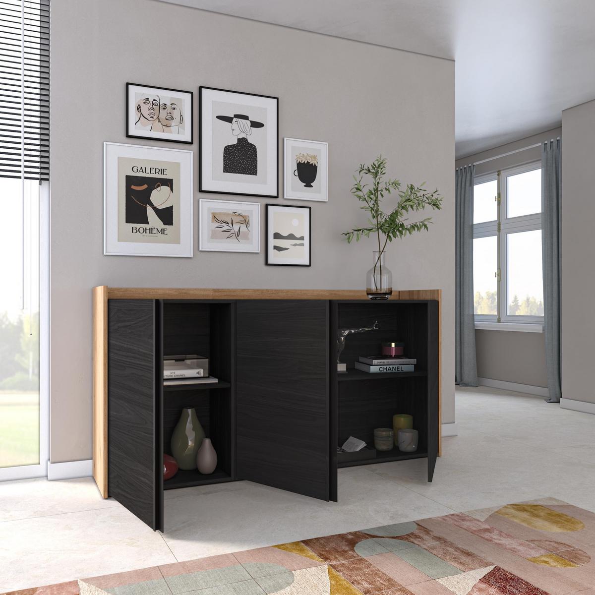 SIDEBOARD, 3 Türen, Schwarz und Eiche, 156/35/80cm - Schwarz, Holzwerkstoff (156/80/35cm) - Skraut Home