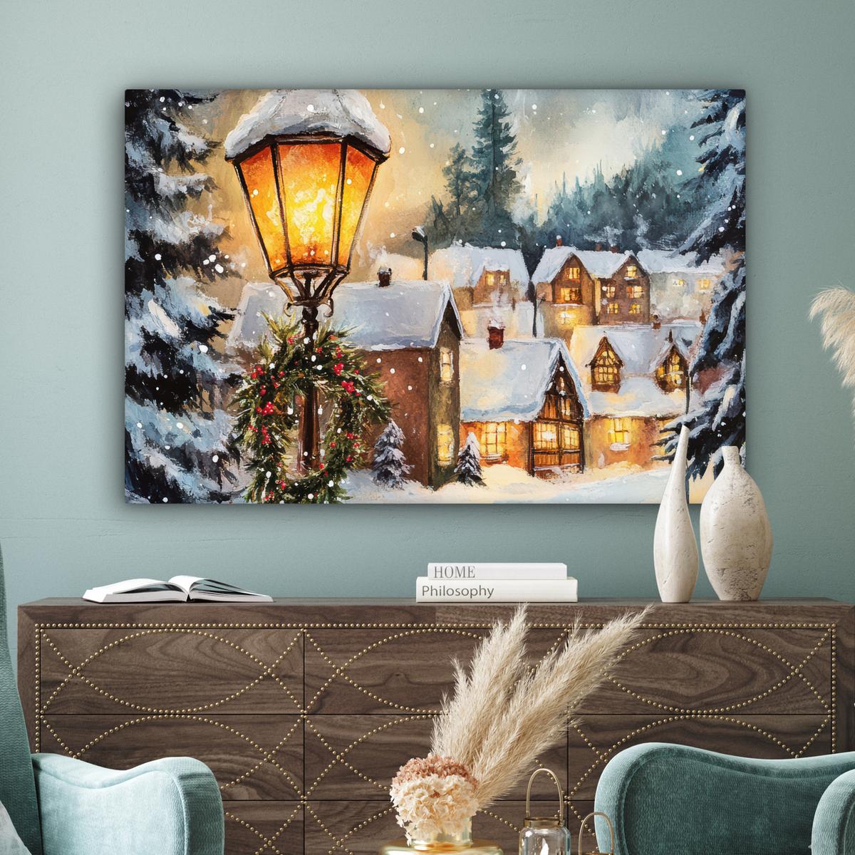 LEINWANDBILD Weihnachtsdorf - Häuser - Schnee - Weihnachten Groß 140x90 cm - Sandfarben, Textil (140/90cm) - MuchoWow