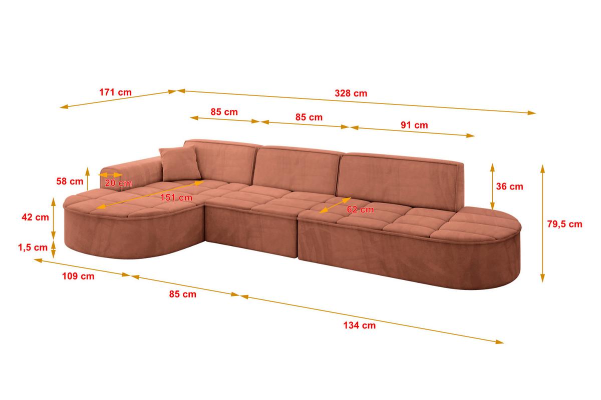 ECKSOFA Ottomane Links TARO-L2 - 328x171x79,5 cm Apricot - Koralle, Holzwerkstoff/Textil (328/171cm) - ALTDECOR