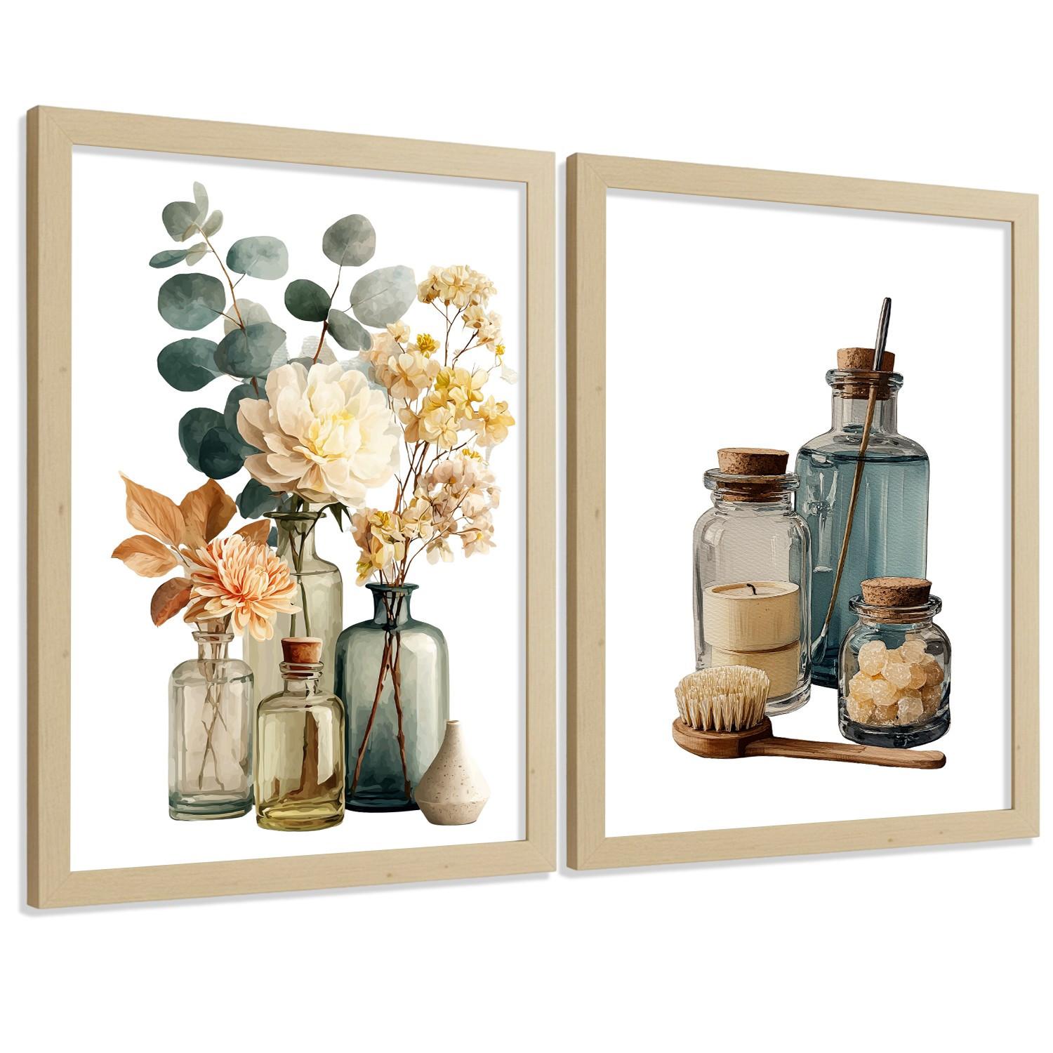 POSTER 2er-Set dekorative Badezimmer-Poster, minimalistische Wandbilder moderne Dekoration mit Blumen und Flaschen Leichter Holzrahmen A4 - Beige, Papier (29.7/21/3cm) - Nacnic
