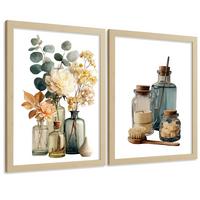 POSTER 2er-Set dekorative Badezimmer-Poster, minimalistische Wandbilder moderne Dekoration mit Blumen und Flaschen Leichter Holzrahmen A4 - Beige, Papier (29.7/21/3cm) - Nacnic