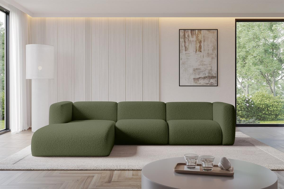 ECKSOFA Ottomane Links MIRA-L2 318x179x89 Grün Bouclé - Schwarz/Olivgrün, Holzwerkstoff/Kunststoff (318/179cm) - ALTDECOR