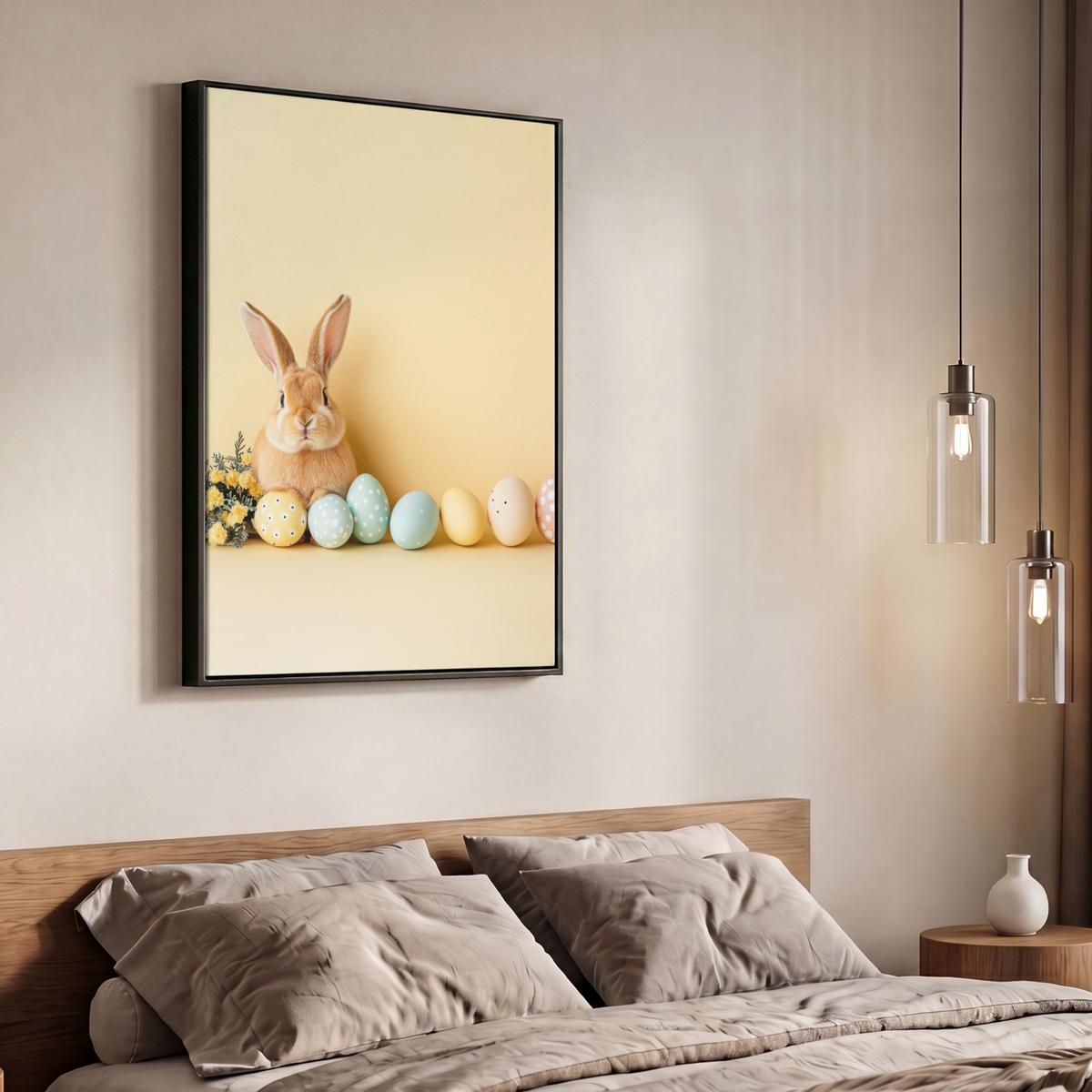 LEINWAND Bilder mit Rahmen - Eier - Kaninchen - Pastellfarbtöne - 70x100 - Hellgelb, Textil (70/100cm) - MuchoWow