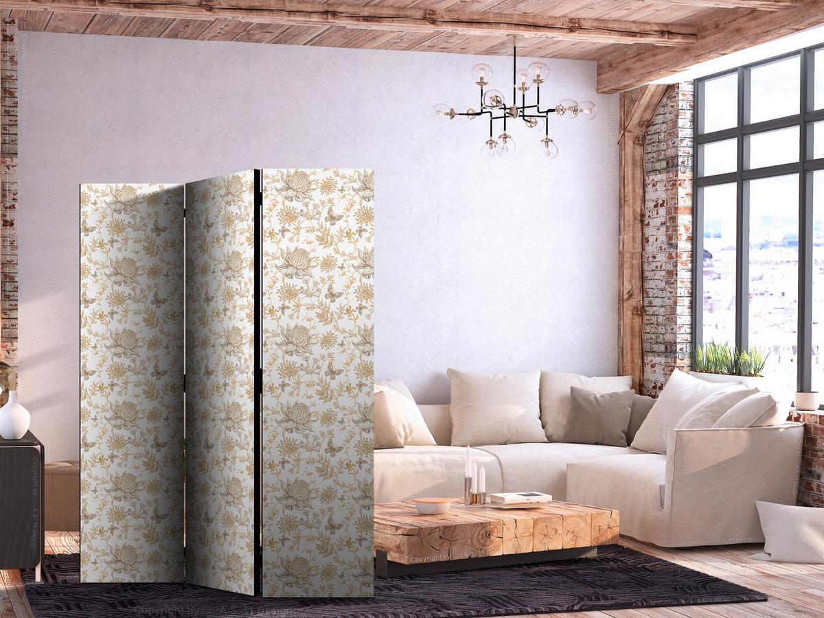 PARAVENT Einseitig Bedruckter 3-tlg 135x172 cm Chrysanthemen und Schmetterlinge - Beige, Holz/Textil (135/172/3cm) - Muralo