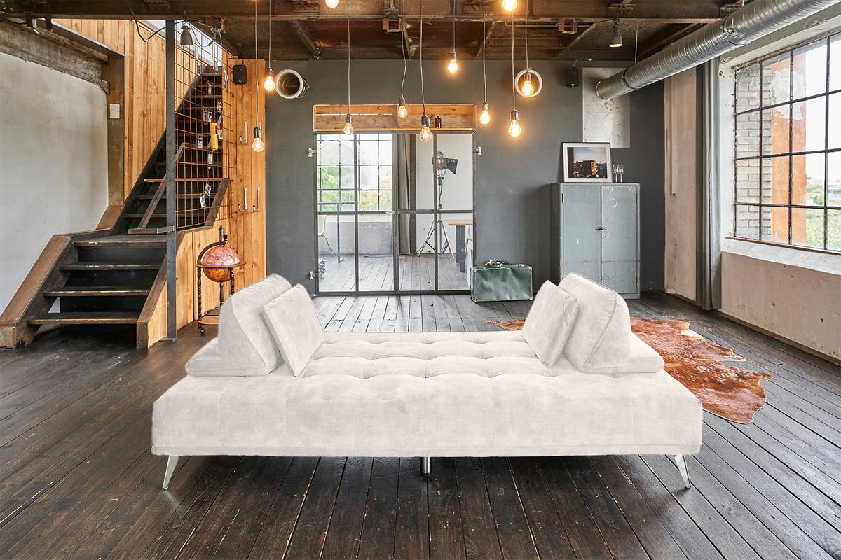 SOFA MIT HOCKER WIOLO Cremeweiß Velvet - Silberfarben/Creme, Textil/Metall (240/80/110cm) - KAWOLA