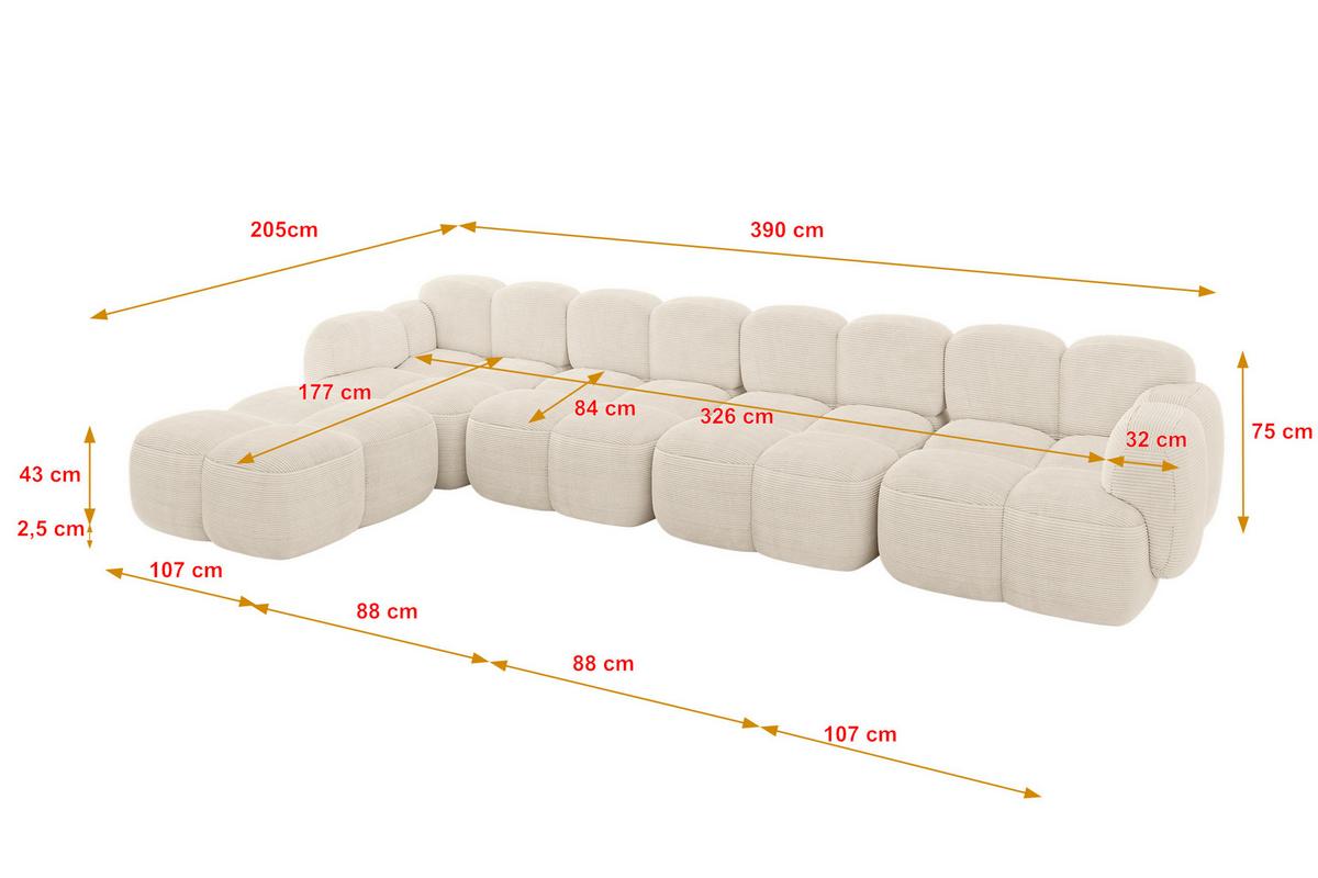 ECKSOFA modulares Sofa Links Miko-L3 390x205x75 Beige Cord - Beige/Schwarz, Holzwerkstoff/Kunststoff (390/205cm) - ALTDECOR