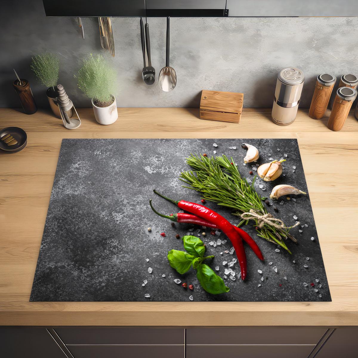 HERDABDECKPLATTE Pfeffer - Kräuter - Gewürze - Beton Induktionsmatte 77x59 cm - Rot, Kunststoff (77/59/0.2cm) - MuchoWow