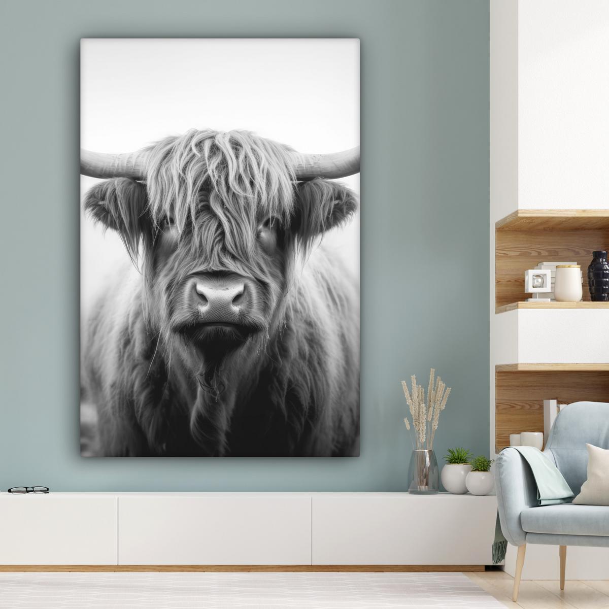 LEINWANDBILD Schottischer Highlander - Nebel - Schwarz - Weiß Deko Groß 90x140 cm - Grau, Textil (90/140cm) - MuchoWow