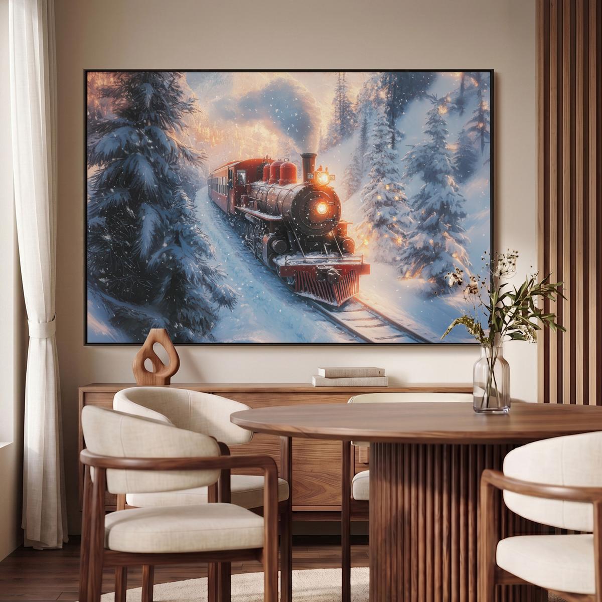 LEINWAND Bilder mit Rahmen - Weihnachtszug - Schnee - Winter - Weihnachten - 150x100 - Dunkelrot, Textil (150/100cm) - MuchoWow