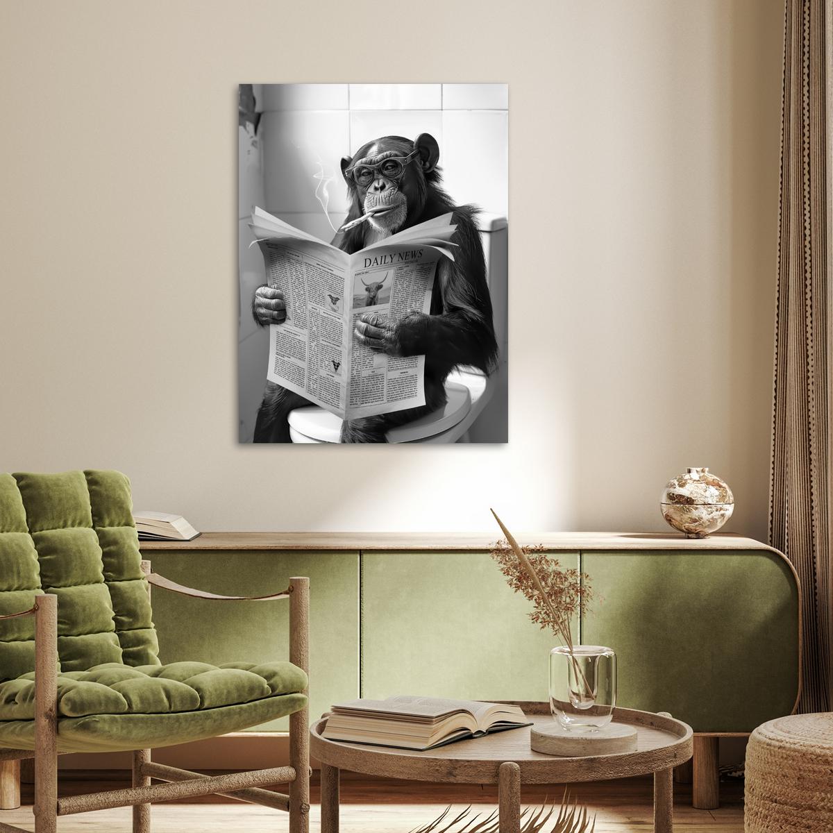 POSTER Affe - WC - Zeitung - Schwarz-Weiß - Humor Deko Wohnzimmer 60x80 cm - Hellgrau, Papier (60/80/0.1cm) - MuchoWow