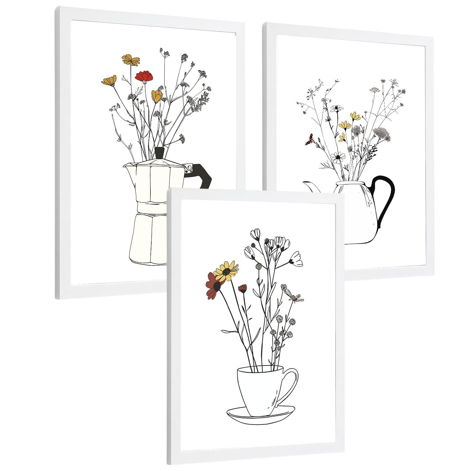 POSTER 3er Set Blumen in Kaffeekanne Wandbilder Mokkakanne Teekanne Tasse Strichzeichnung Küche Deko Weißer Rahmen A3 - Weiß, Papier (29.7/1/42cm) - Nacnic