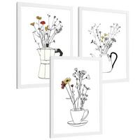 POSTER 3er Set Blumen in Kaffeekanne Wandbilder Mokkakanne Teekanne Tasse Strichzeichnung Küche Deko Weißer Rahmen A3 - Weiß, Papier (29.7/1/42cm) - Nacnic