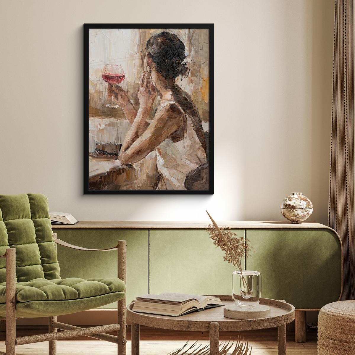 POSTER MIT RAHMEN Ölgemälde - Frau - Wein Posterleiste 60x80 cm - Hellbraun, Papier (60/80cm) - MuchoWow