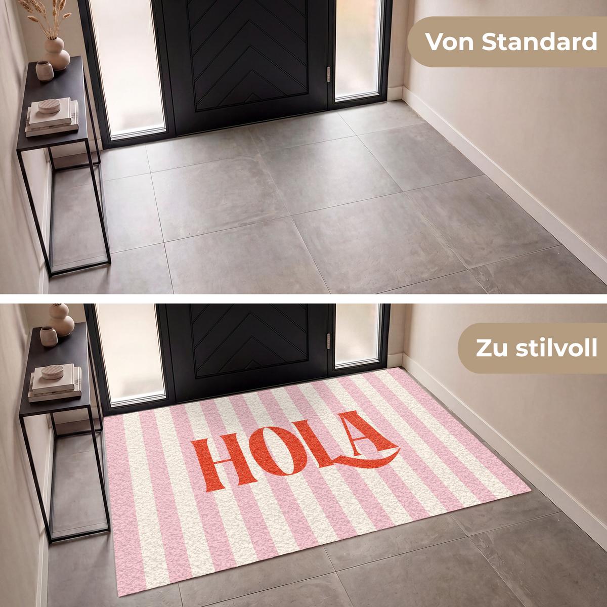 FUSSMATTE Hola - Zitat - Streifen - Pastell - Rosa - Rot - Weiß Schmutzfangmatte 180x120 cm - Rosa, Kunststoff (180/0.4cm) - MuchoWow