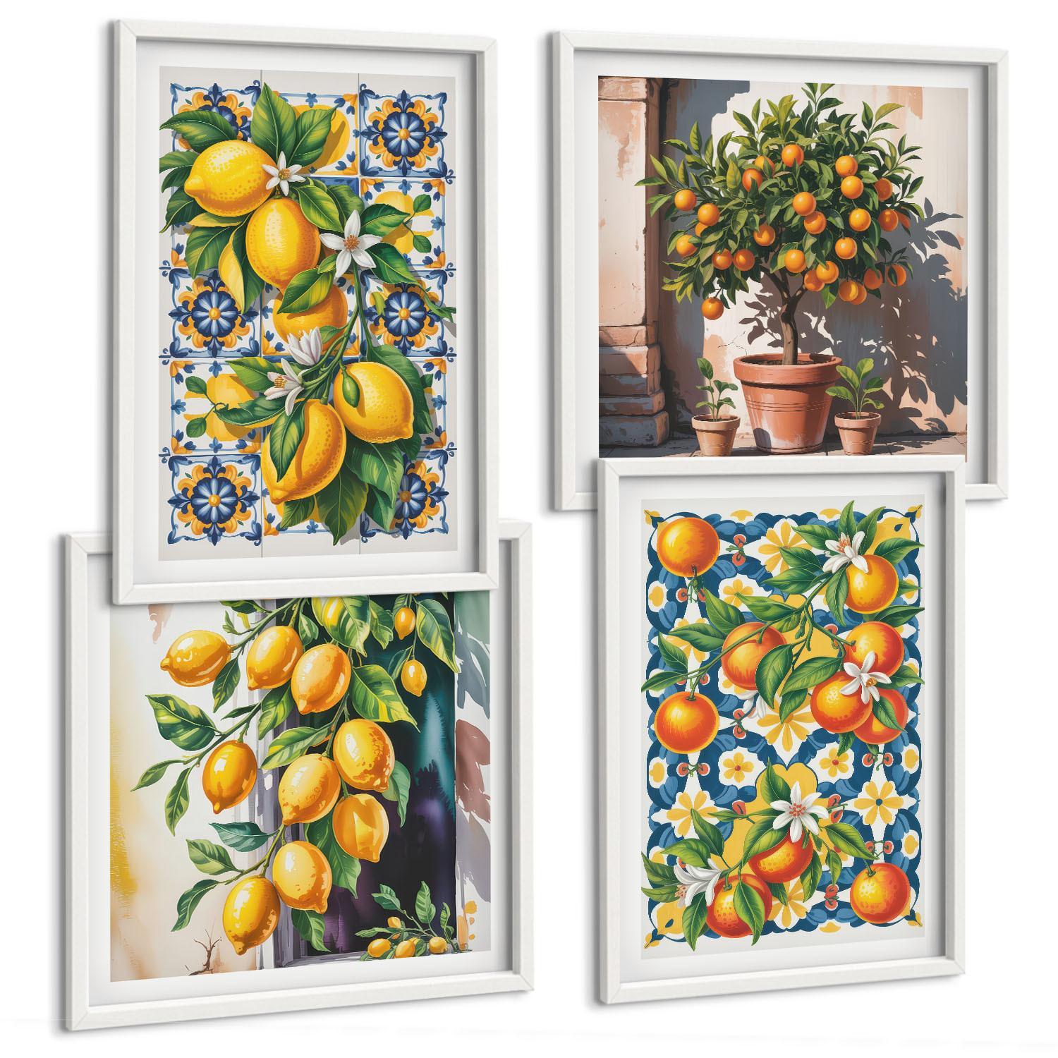 BILDER SET 4er Set - 50x50 cm & 40x60 cm Weißer Rahmen - Farbenfrohe abstrakte Zitrusfrüchte - Weiß, Kunststoff (50/50cm) - TULUP
