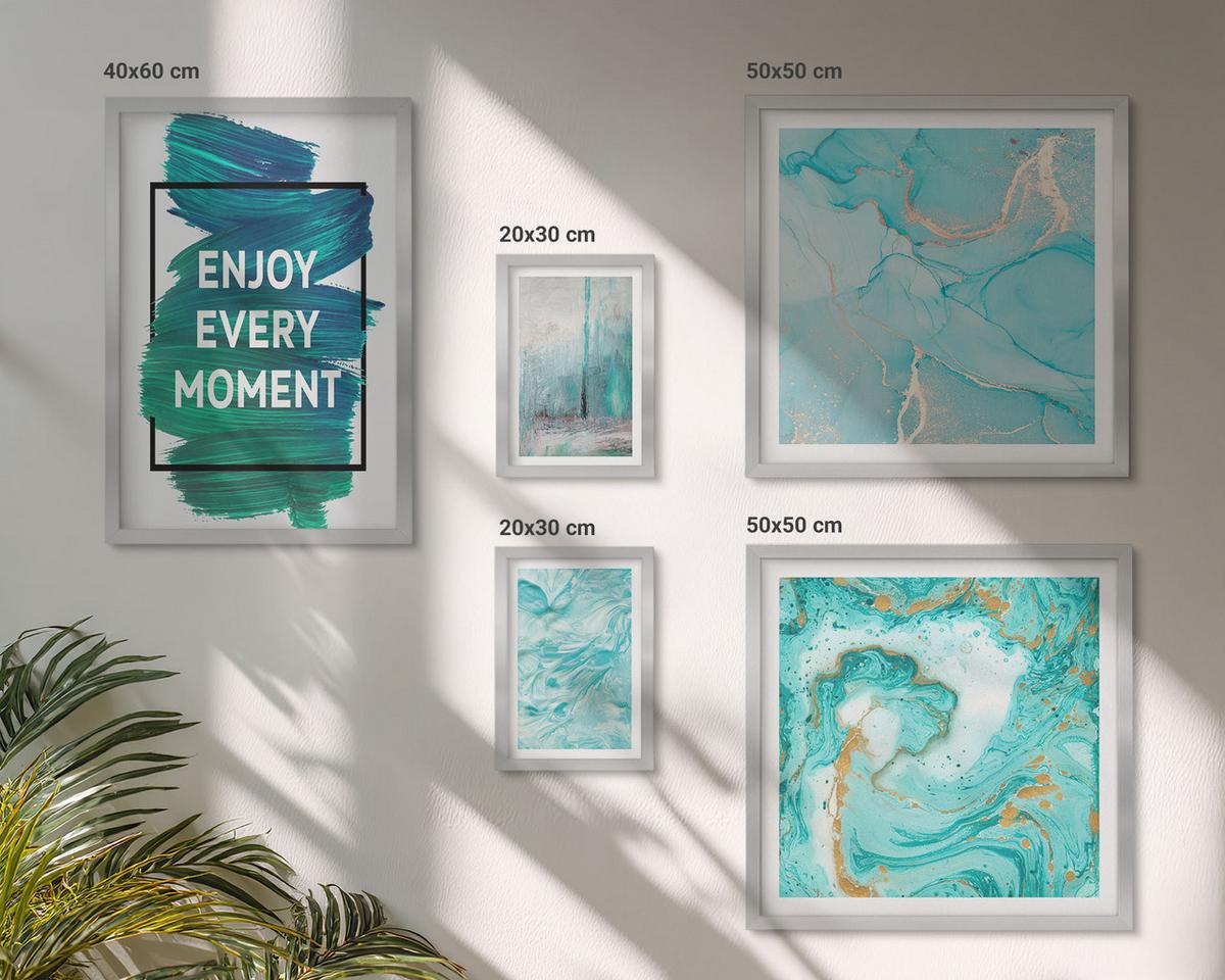 BILDER SET 5er Set - 50x50 cm & 20x30 cm & 40x60 cm Silberner Rahmen - Farbenfrohe Abstraktionen, Gesichter, Formen - Silberfarben, Kunststoff (40/60cm) - TULUP