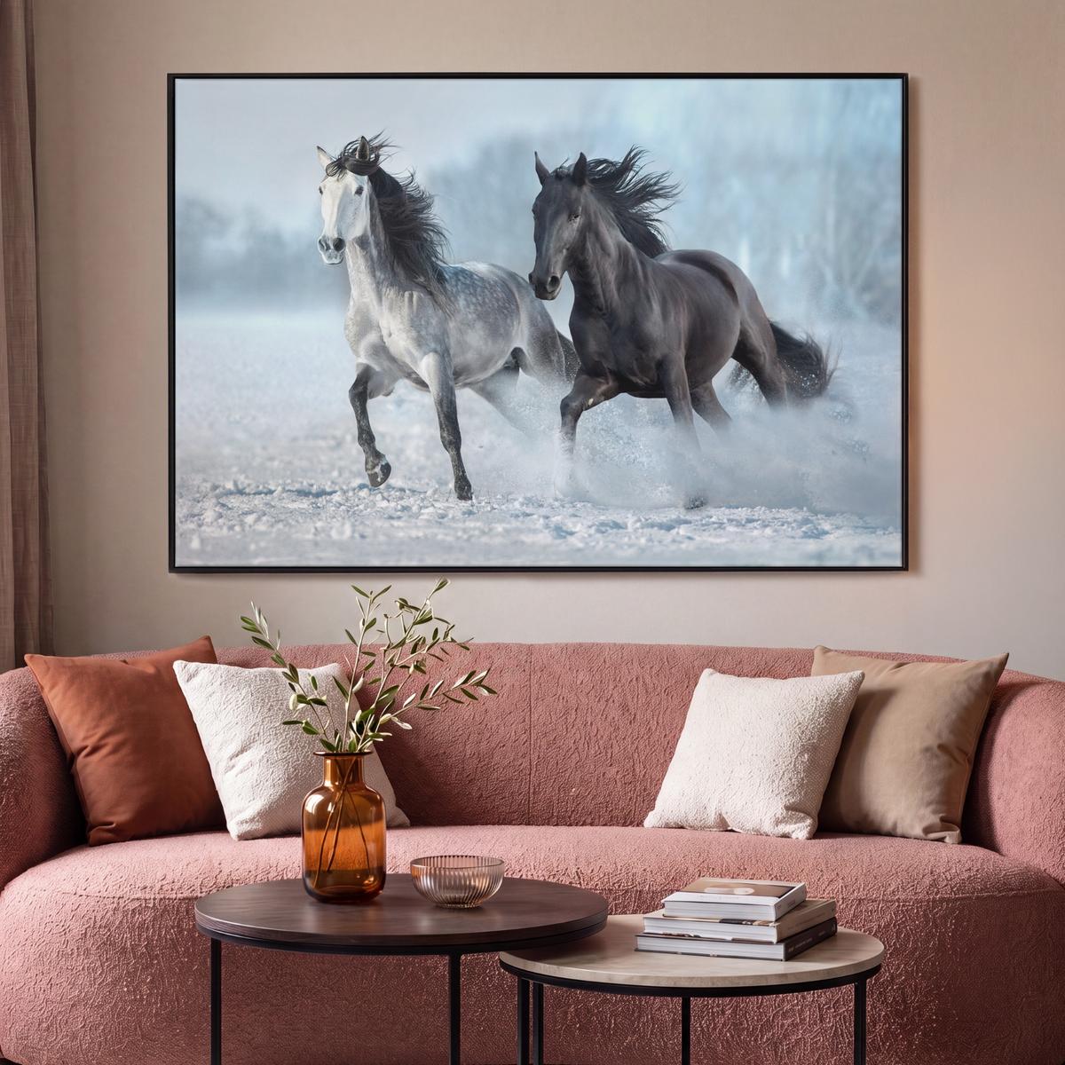 LEINWAND Bilder mit Rahmen - Pferde - Winter - Tiere - Natur - Schnee - 140x90 - Anthrazit, Textil (140/90cm) - MuchoWow