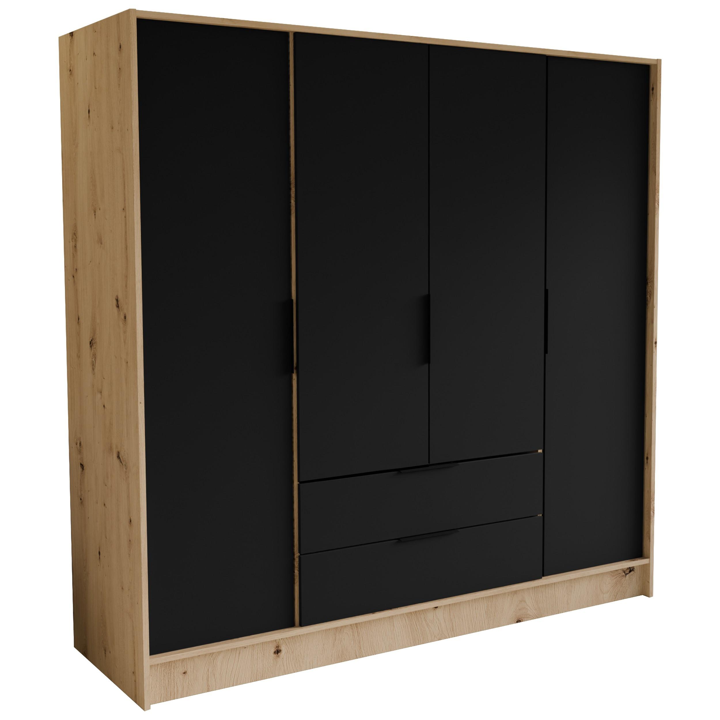 DREHTÜRENSCHRANK CAVA 200/200/51 cm Modern Kleiderschrank 4-türig Eiche Artisan - Schwarz/Eiche Artisan, Holzwerkstoff (200/200/51cm) - MASSENO