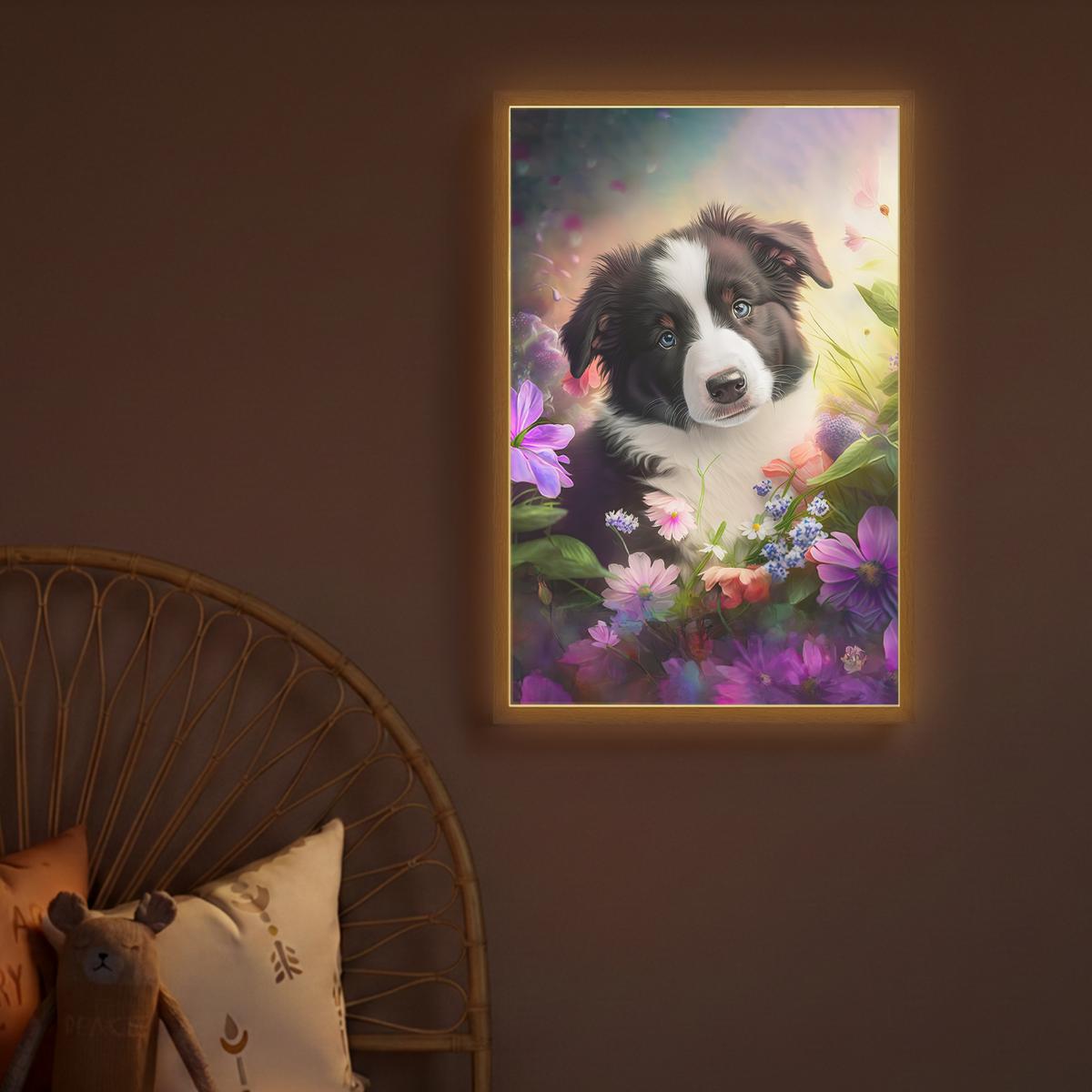 WANDLEUCHTE MIT AKKU Welpe - Sonne - Blumen - Natur - Border Collie - Hund 40x60 cm - Violett, Holzwerkstoff (40/60/8cm) - OnlyWow