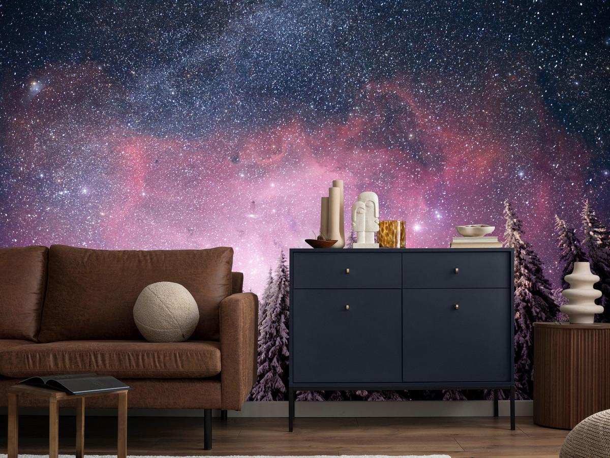 FOTOTAPETE für Schlafzimmer Verzauberter Tannenwald Winter Aurora 350x256 - Violett/Schwarz, Papier (350/256cm) - Muralo