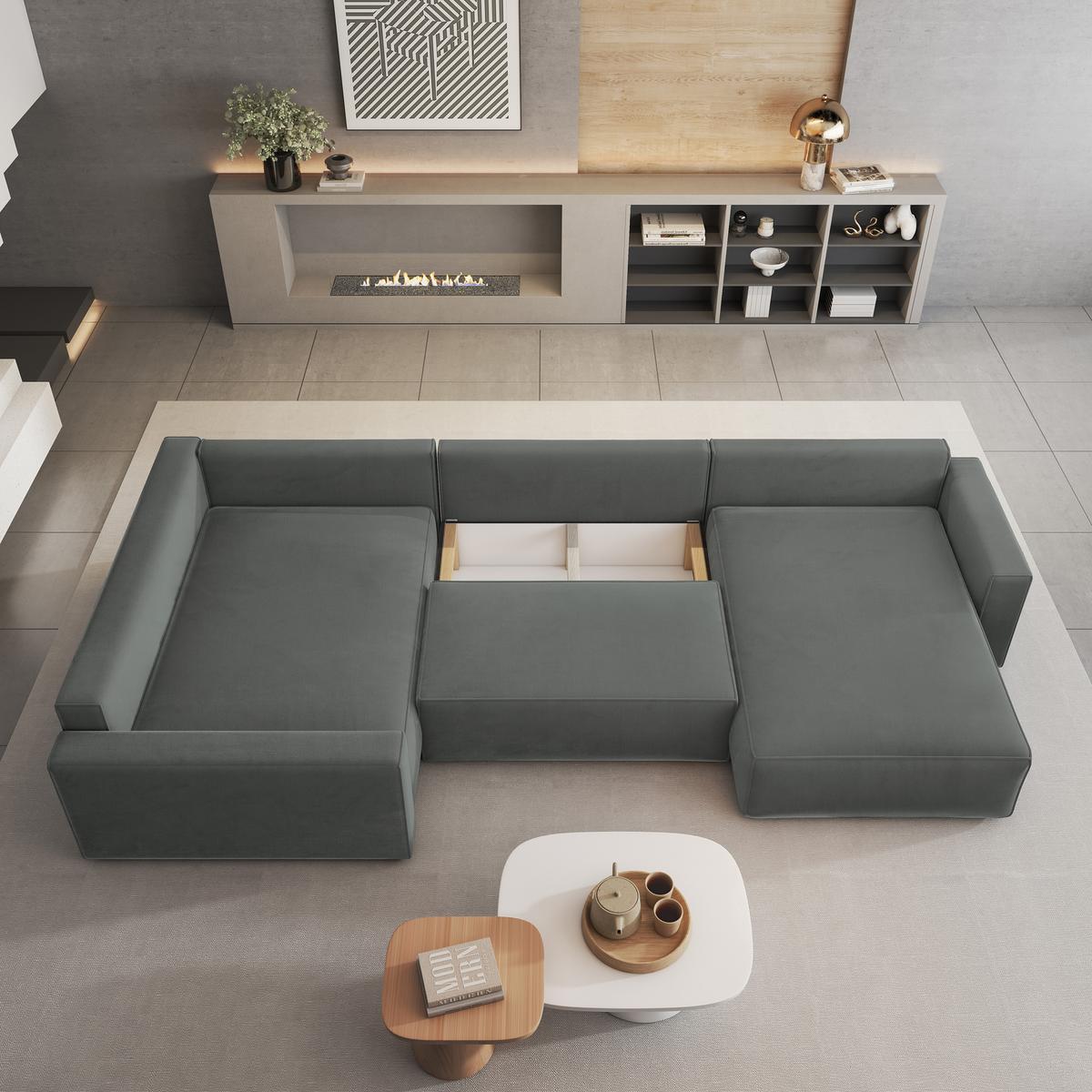WOHNLANDSCHAFT VELAMI L-S Grau Velours-Stoff mit Schlaffunktion - Grau, Holz (365/83/194cm) - MASSENO