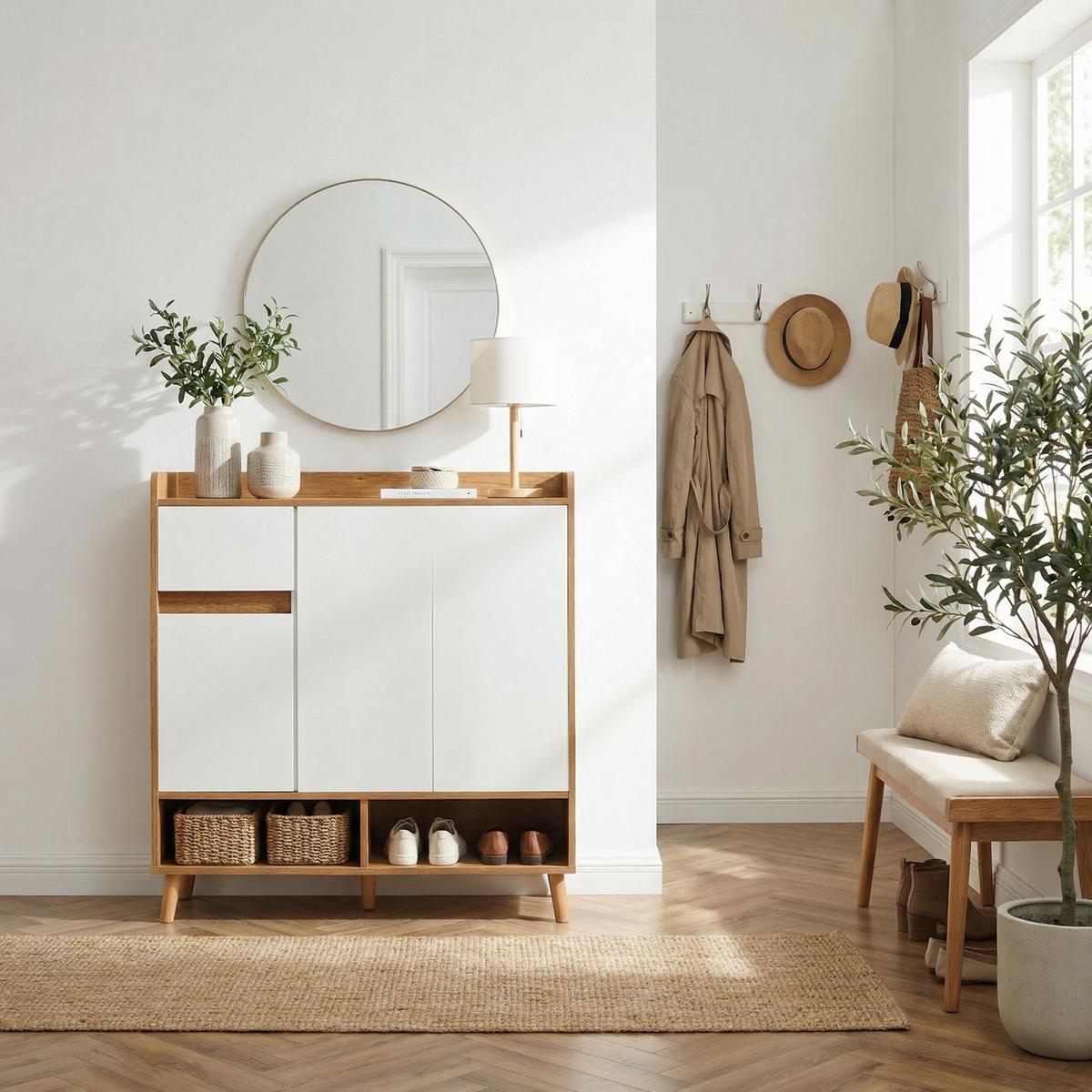 SCHUHSCHRANK in Weiß & Natur mit Massivholzbeinen & Push-to-Open-Funktion - Walnussfarben, Holzwerkstoff (90/99/35cm) - Urban Meuble