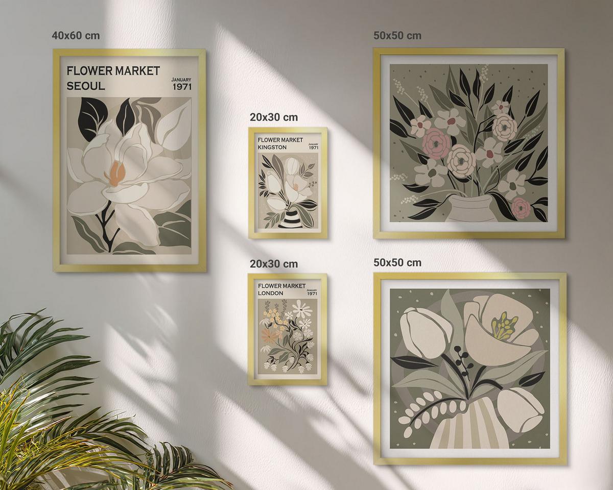 BILDER SET 5er Set - 50x50 cm & 20x30 cm & 40x60 cm Goldrahmen - Retro-Blumen aus Städten rund um die Welt - Goldfarben, Kunststoff (40/60cm) - TULUP