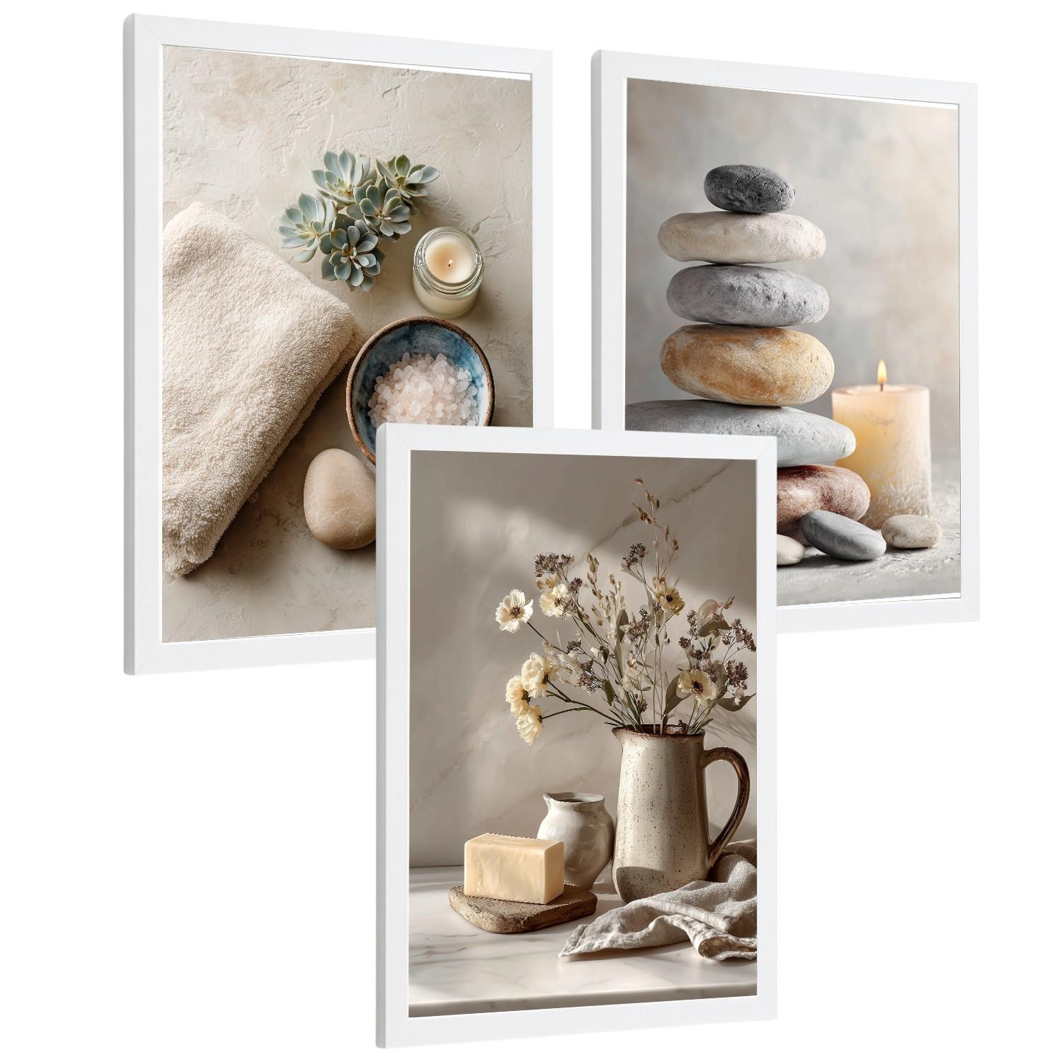 POSTER 3er-Set dekorative Badezimmer Kunstdrucke, Zen-Spa-Stil, minimalistische Bilder mit Steinen, Kerzen und Blumen, entspannende, Weißer Rahmen A4 - Weiß, Papier (29.7/21/3cm) - Nacnic