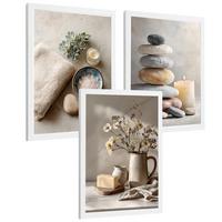 POSTER 3er-Set dekorative Badezimmer Kunstdrucke, Zen-Spa-Stil, minimalistische Bilder mit Steinen, Kerzen und Blumen, entspannende, Weißer Rahmen A4 - Weiß, Papier (29.7/21/3cm) - Nacnic