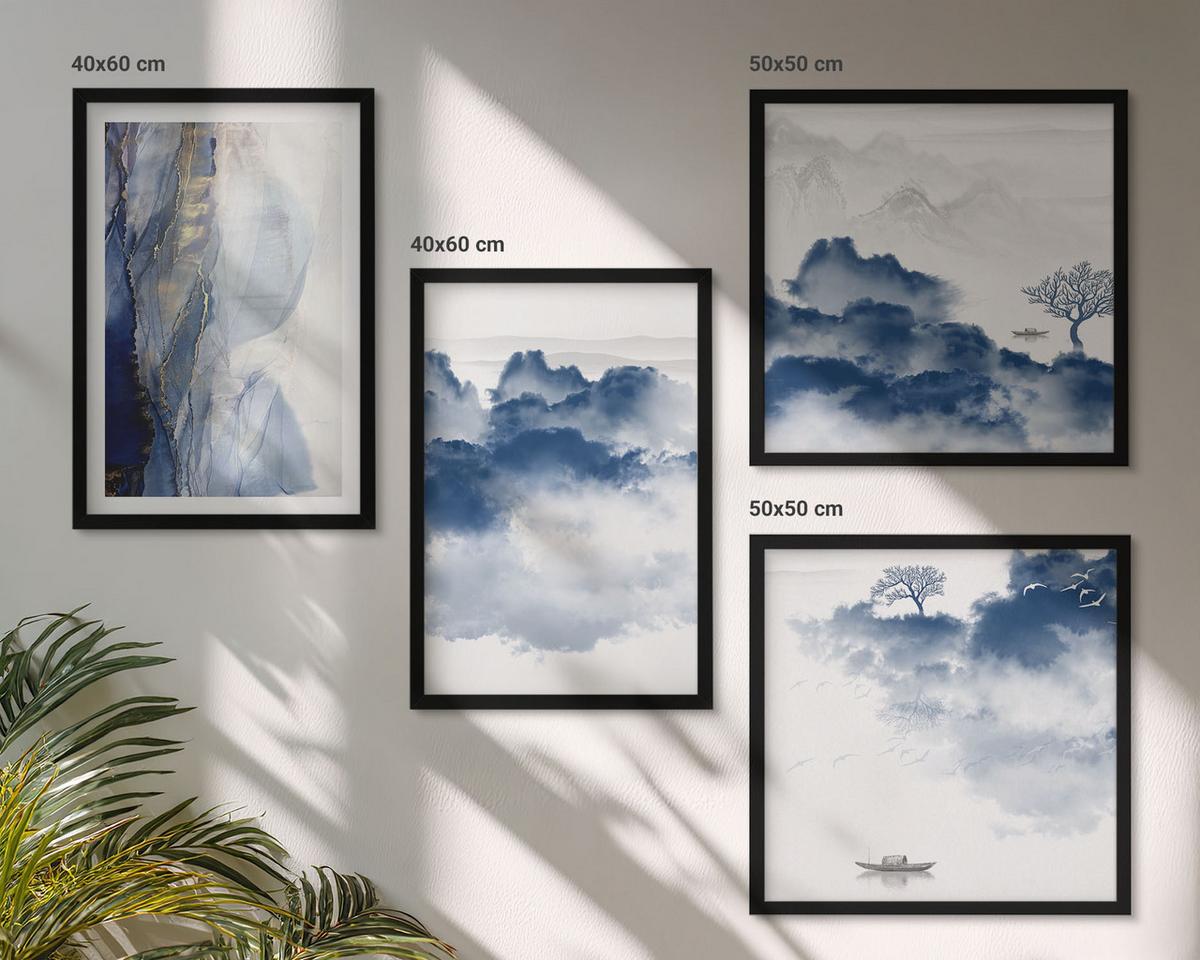 BILDER SET 4er Set - 50x50 cm & 40x60 cm Schwarzer Rahmen - Berge, Wolken, Bäume, Vögel im Hintergrund - Schwarz, Kunststoff (50/50cm) - TULUP