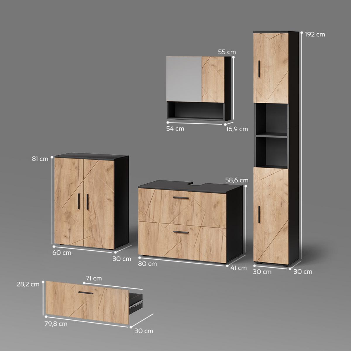 BADMÖBEL-SET Ronco Goldkraft Eiche/Anthrazit 4 Teile, mit Schubladenschrank und Midischrank - Honigeiche/Anthrazit, Holzwerkstoff (80/58/41cm) - Livinity®