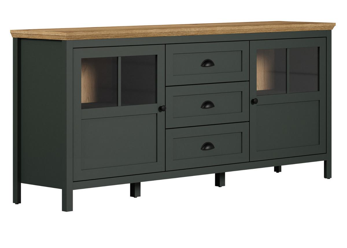 SIDEBOARD grün, Evoke Eiche Landhaus 185 x 86 cm, Kommode inklusive LED Beleuchtung - Eichefarben/Schwarz, Glas/Holzwerkstoff (185/86/45cm) - Top.Furn