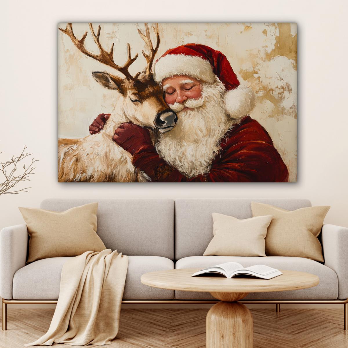LEINWANDBILD Weihnachtsmann - Rentier - Weihnachten XXL 150x100 cm - Rotbraun, Textil (150/100cm) - MuchoWow