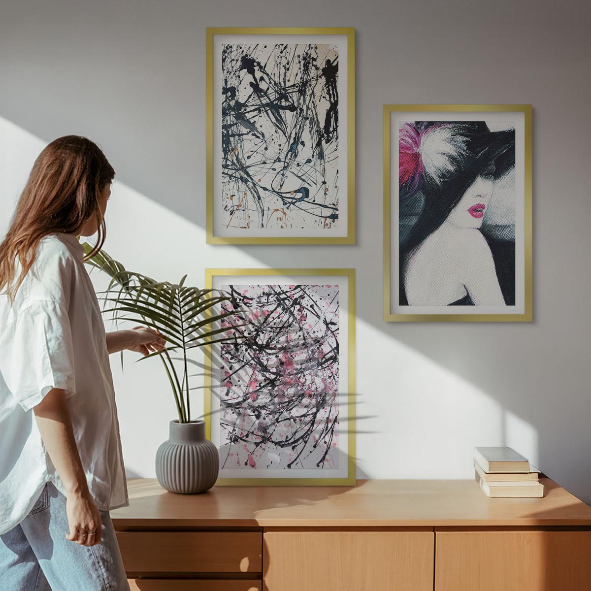BILDER SET 3er Set - 40x60 cm Goldrahmen - Abstrakte Farbmuster Hut - Goldfarben, Kunststoff (40/60cm) - TULUP