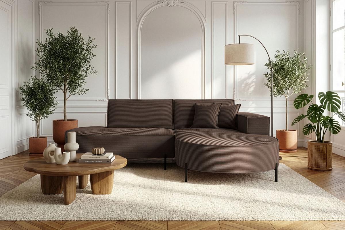 ECKSOFA Hana Loft 3-Sitzer Ecke Rechts, Cordstoff Chenille, Dunkelbraun 241/80/168 cm - Schwarz/Braun, Textil/Metall (241/168cm) - WFL GROUP