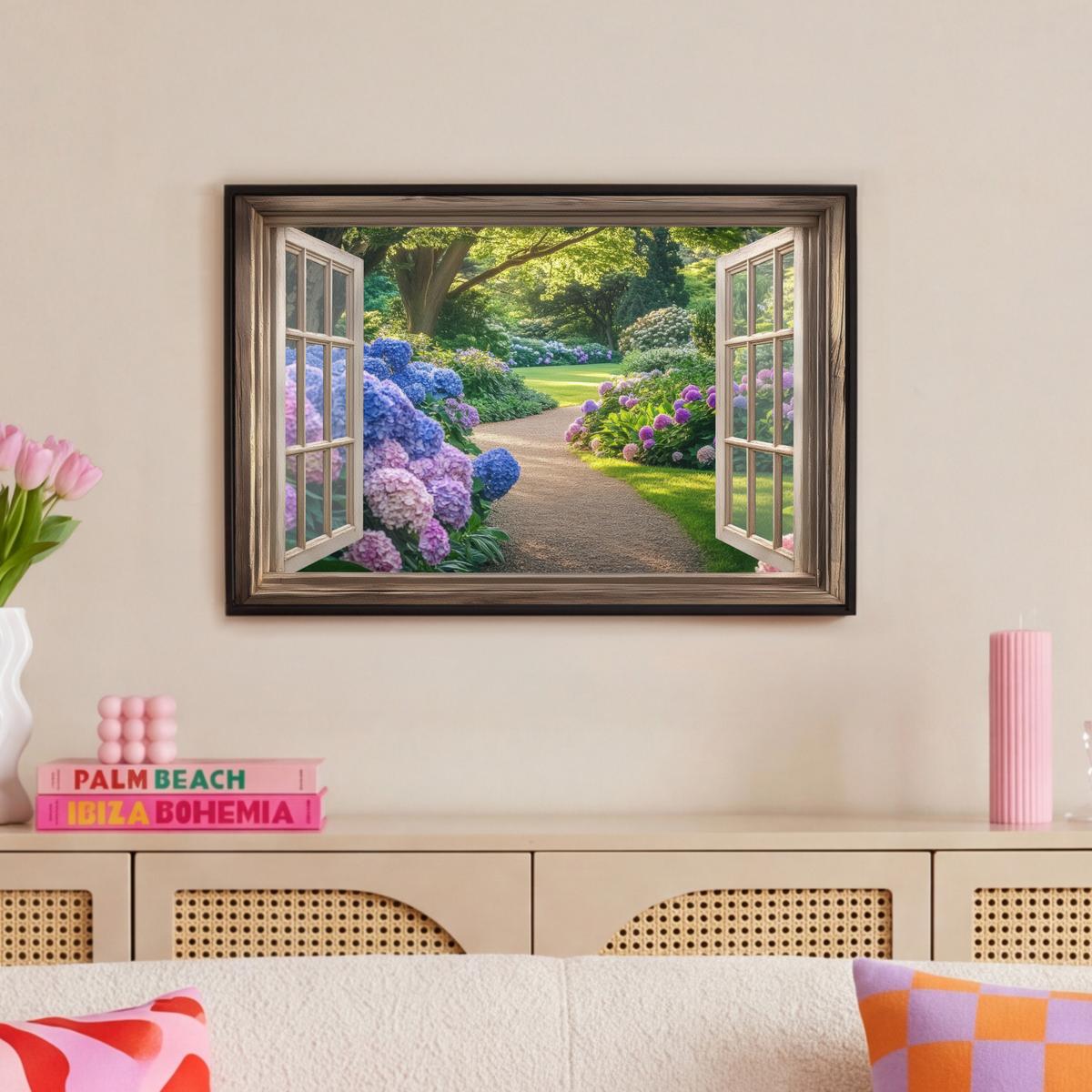 LEINWAND Bilder mit Rahmen - Aussicht - Garten - Fenster - Hortensie - Blumen - 60x40 - Pastellblau, Textil (60/40cm) - MuchoWow