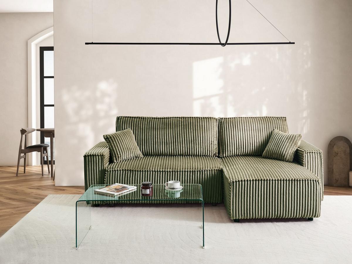 ECKSCHLAFSOFA 3-Sitzer Cord Grün mit Stauraum linksseitig Abacka - Grün, Textil (247/147cm) - Beliani