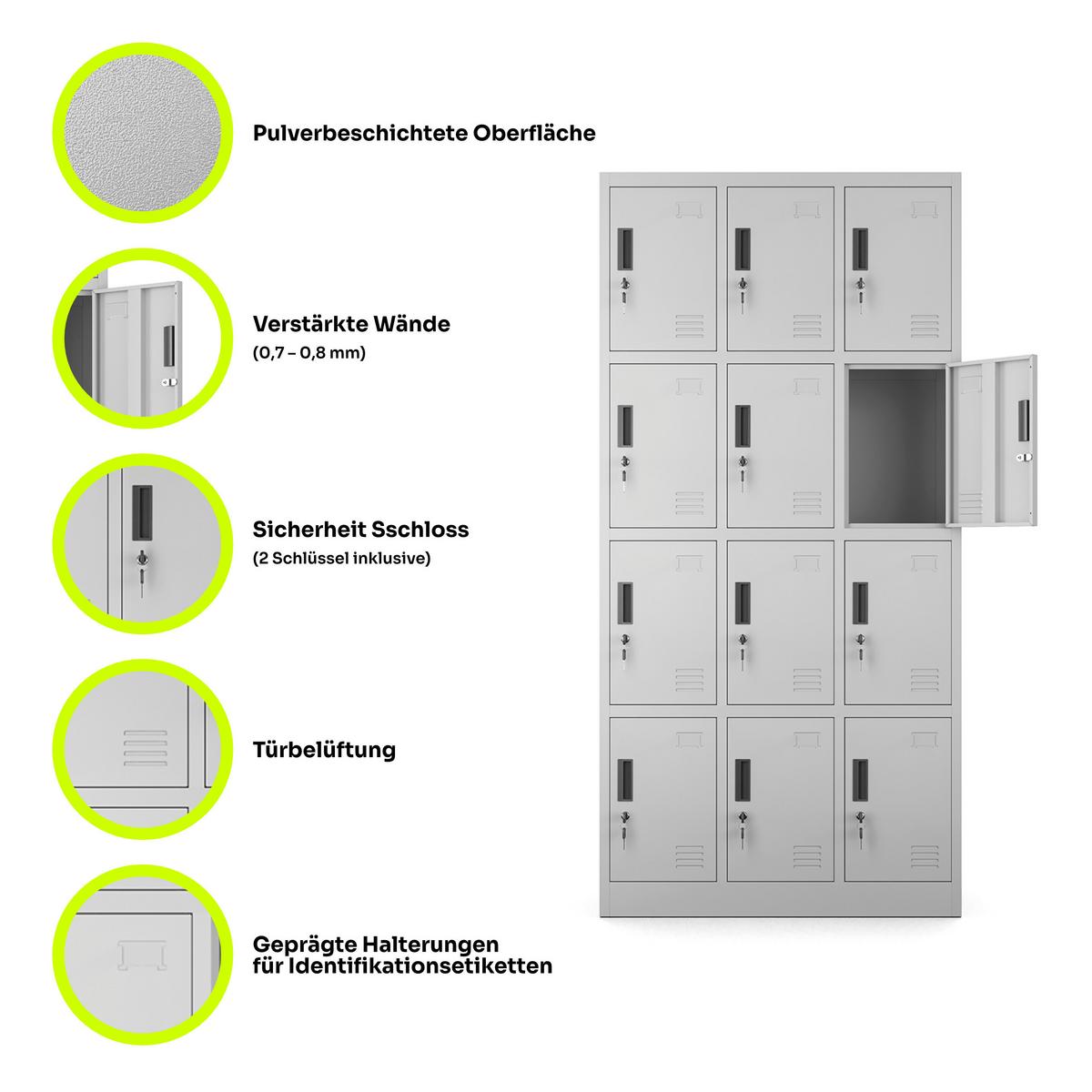 MEHRZWECKSCHRANK mit 12 Fächer Hellgrau Stahl 90x185x40cm - Hellgrau, Metall (90/185/40cm) - Muralo