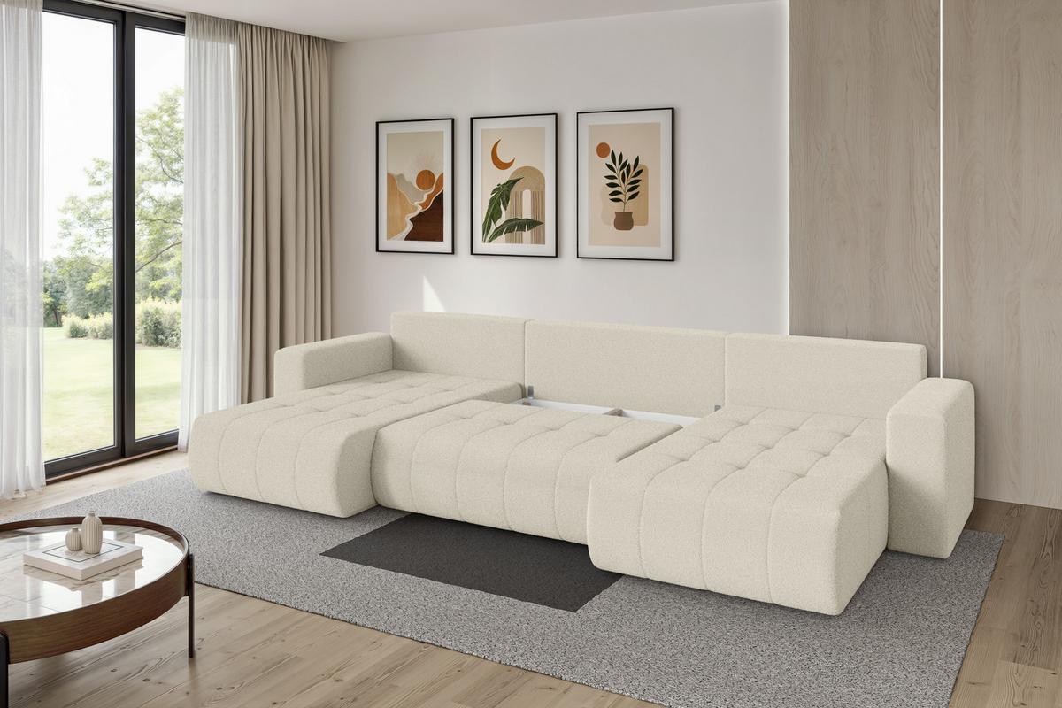 WOHNLANDSCHAFT mit Schlaffunktion und Bettkasten MILA-U 378x194x86 Beige Bouclé - Sandfarben/Beige, Holzwerkstoff/Kunststoff (378/86/194cm) - ALTDECOR