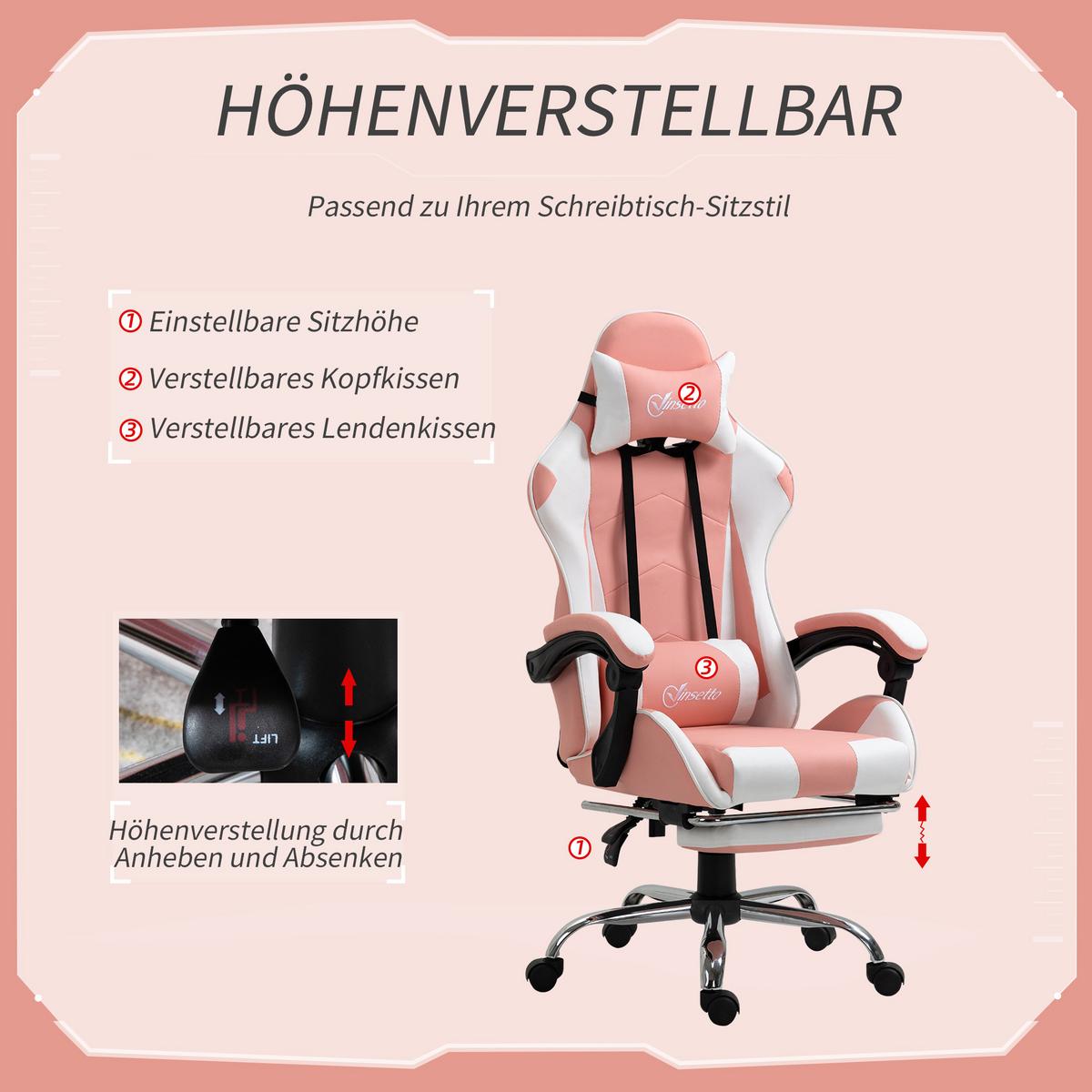 GAMINGSTUHL, Kunstleder, PVC, Rosa+Weiß - Multicolor, Kunststoff (67/127/64cm) - Vinsetto