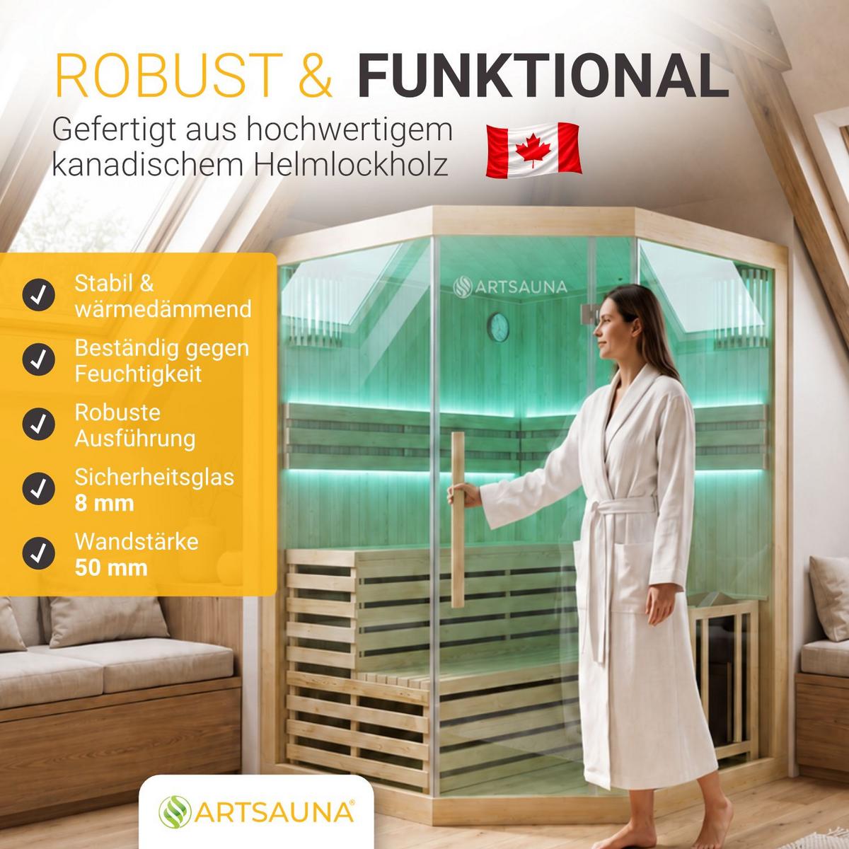 SAUNAKABINE Finnische Sauna Espoo150 Premium - Naturfarben, Holz (150/200/150cm) - Artsauna