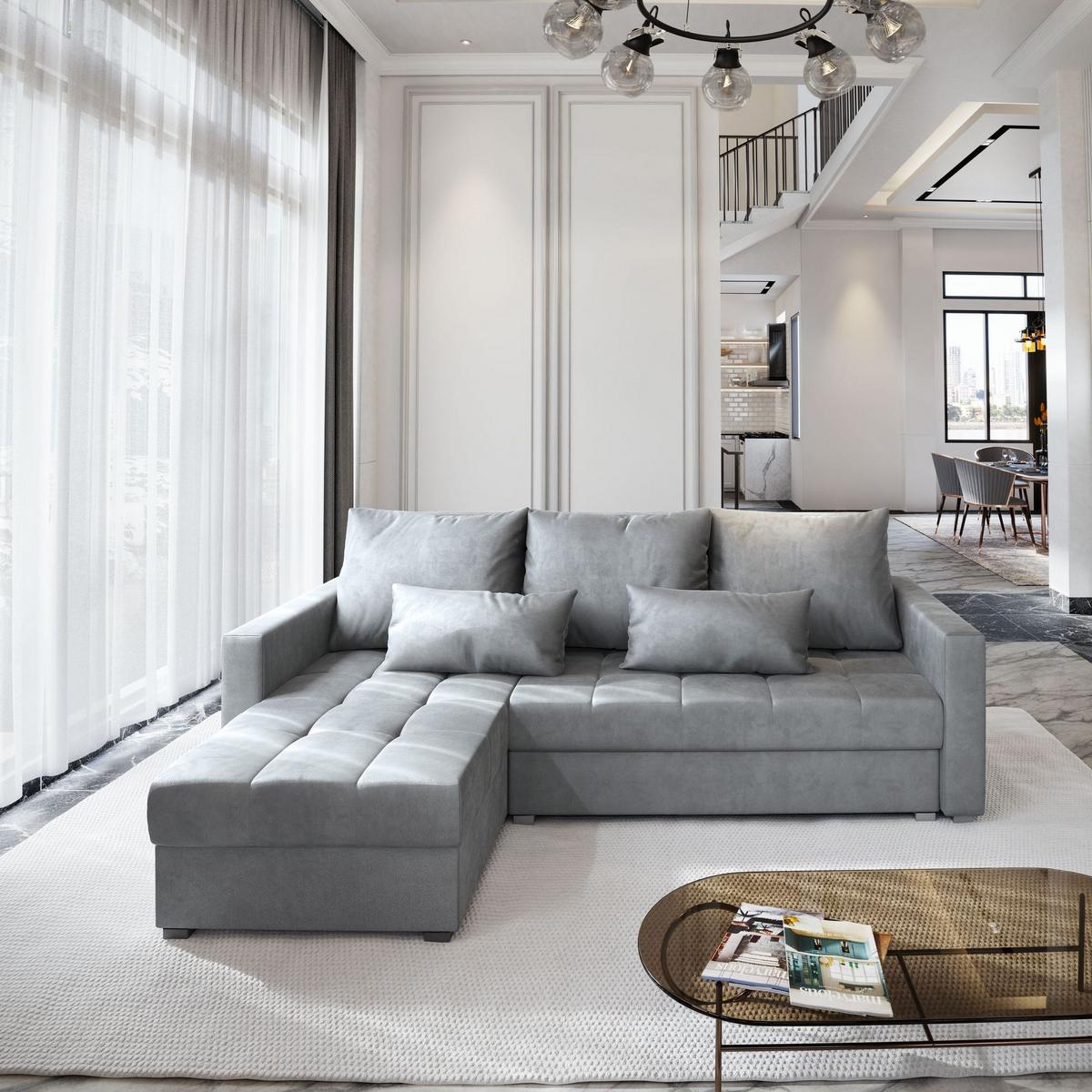 ECKSOFA KOS PIK M Hellgrau Velours-Stoff mit Schlaffunktion - Hellgrau/Grau, Holz/Kunststoff (220/140cm) - MASSENO