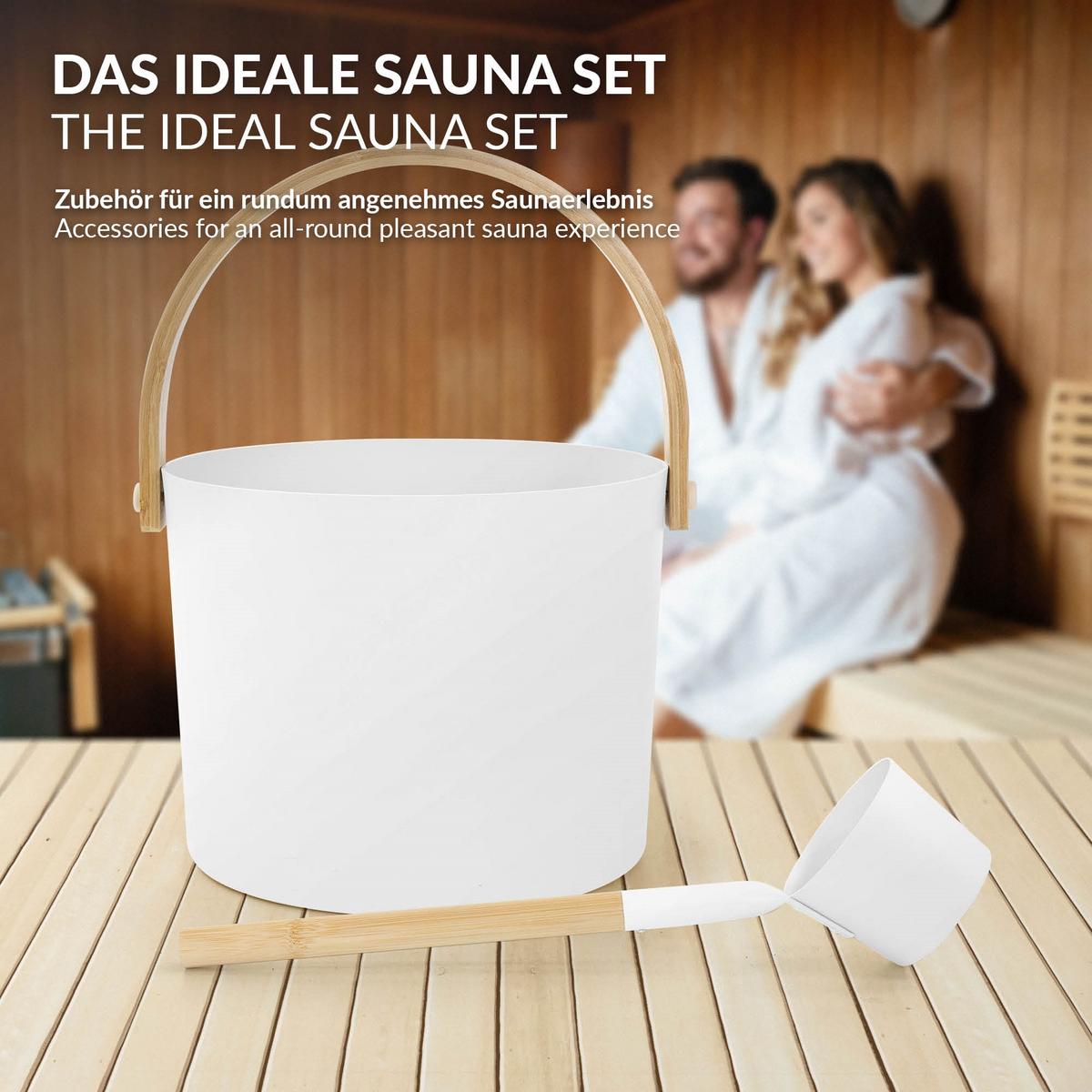 SAUNAZUBEHÖR-SET aus Aluminium & Holz, Weiß, Aufgusskübel & Schöpfkelle - Weiß, Metall (24/34/32.5cm) - LuxeBath