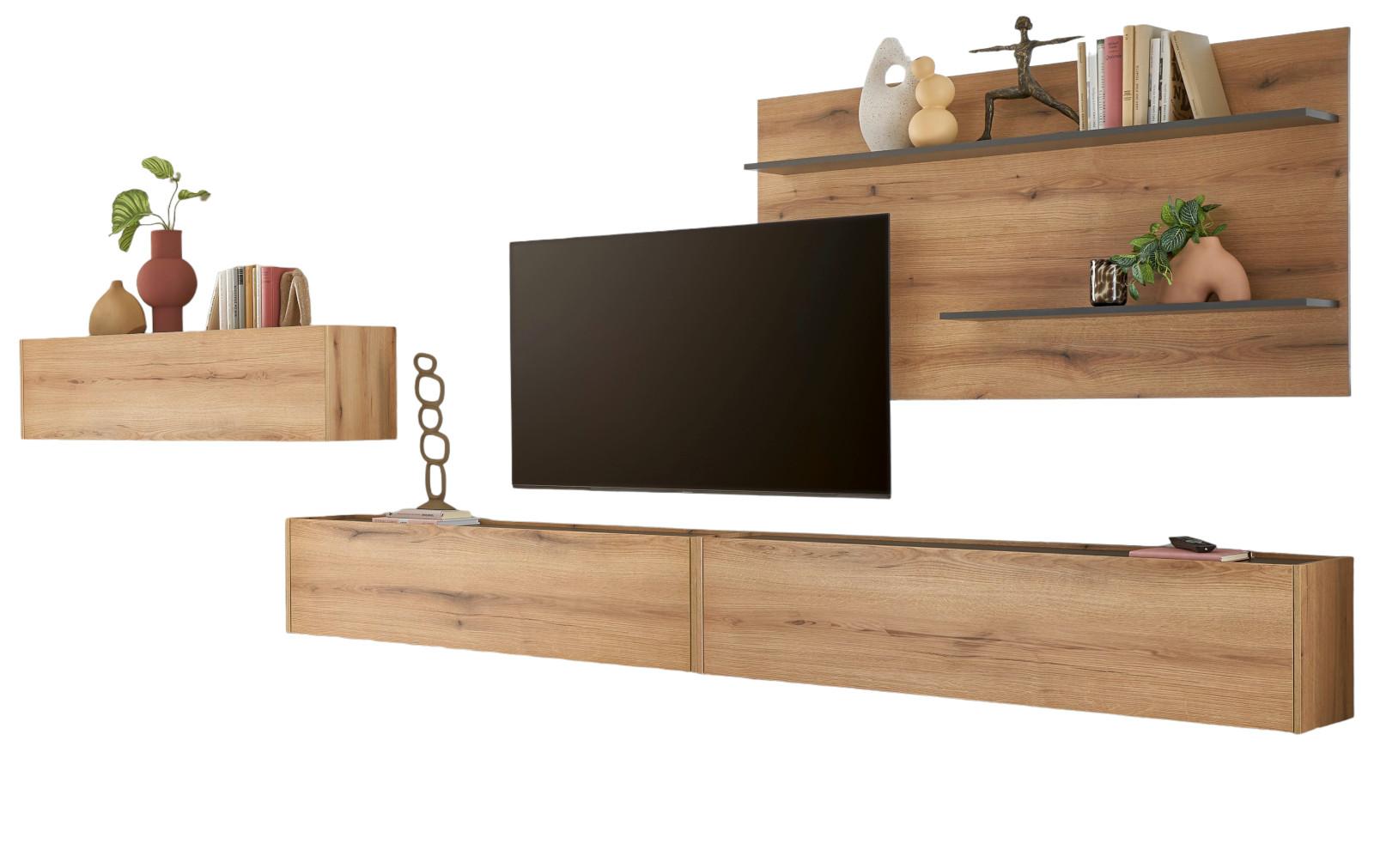 WOHNWAND Evoke Eiche, grau, Set 4-teilig 400 cm inklusive Beleuchtung - Eichefarben/Grau, Holzwerkstoff/Metall (400/180/30cm) - Furn.Design
