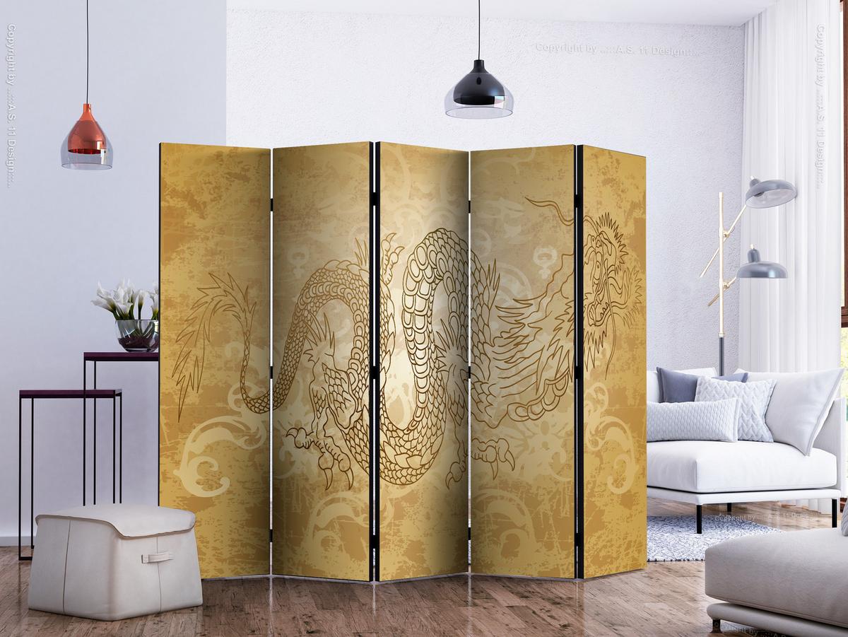 PARAVENT Einseitig Bedruckter 5-tlg 225x172 cm Drache Ornamenten - Gelb, Holz/Textil (225/172/3cm) - Muralo