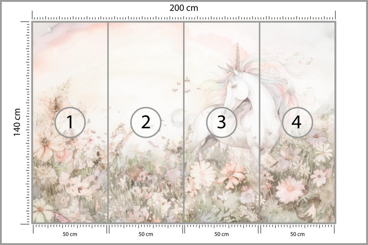 FOTOTAPETE für Kinder Einhorn Blumen Aquarell 200x140 - Gelb/Beige, Papier (200/140cm) - Muralo