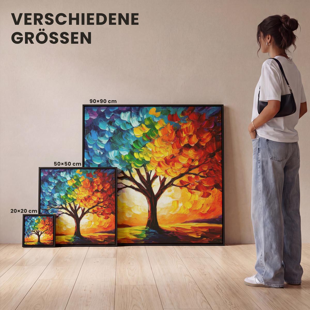 LEINWAND Bilder mit Rahmen - Baum - Kunst - Natur - Sonnenuntergang - 90x90 - Multicolor, Textil (90/90cm) - MuchoWow
