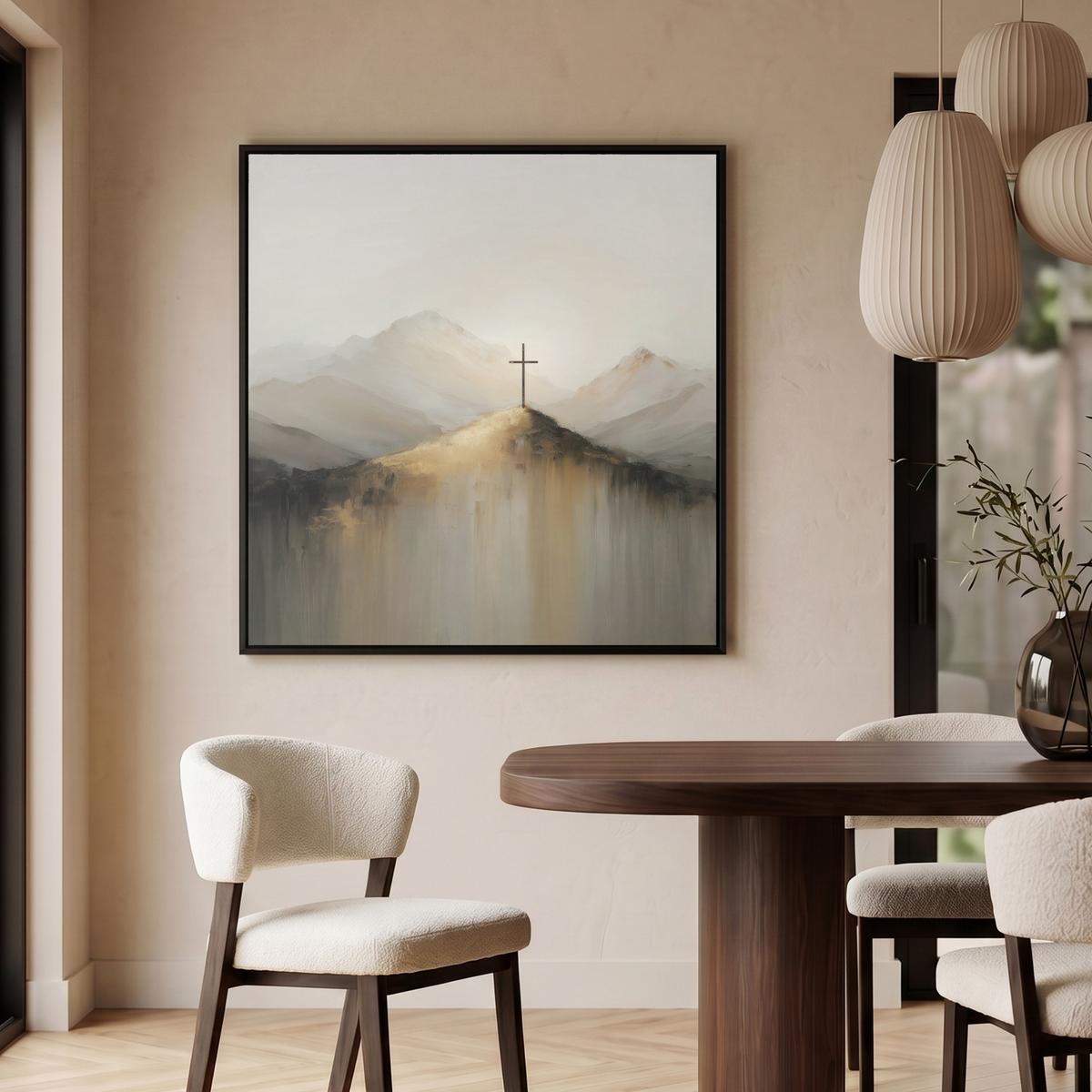 LEINWAND Bilder mit Rahmen - Hügel - Abstrakt - Kreuz - Christentum - 90x90 - Beige, Textil (90/90cm) - MuchoWow